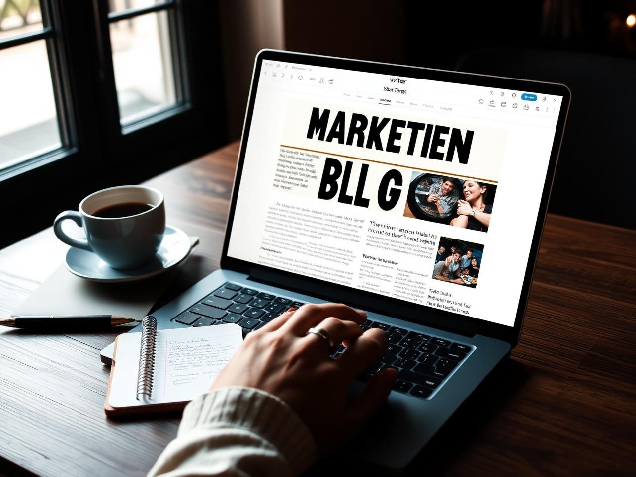 Digital marketing blog article and SEO keyword notes on a writer's desk