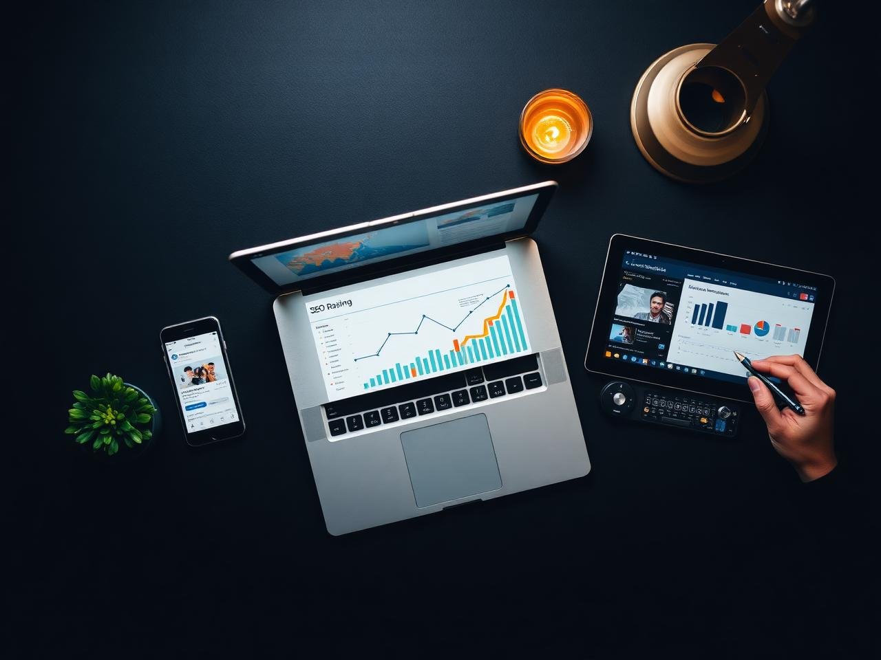 Website development, SEO, social media marketing, graphic design and video editing tools on a desk